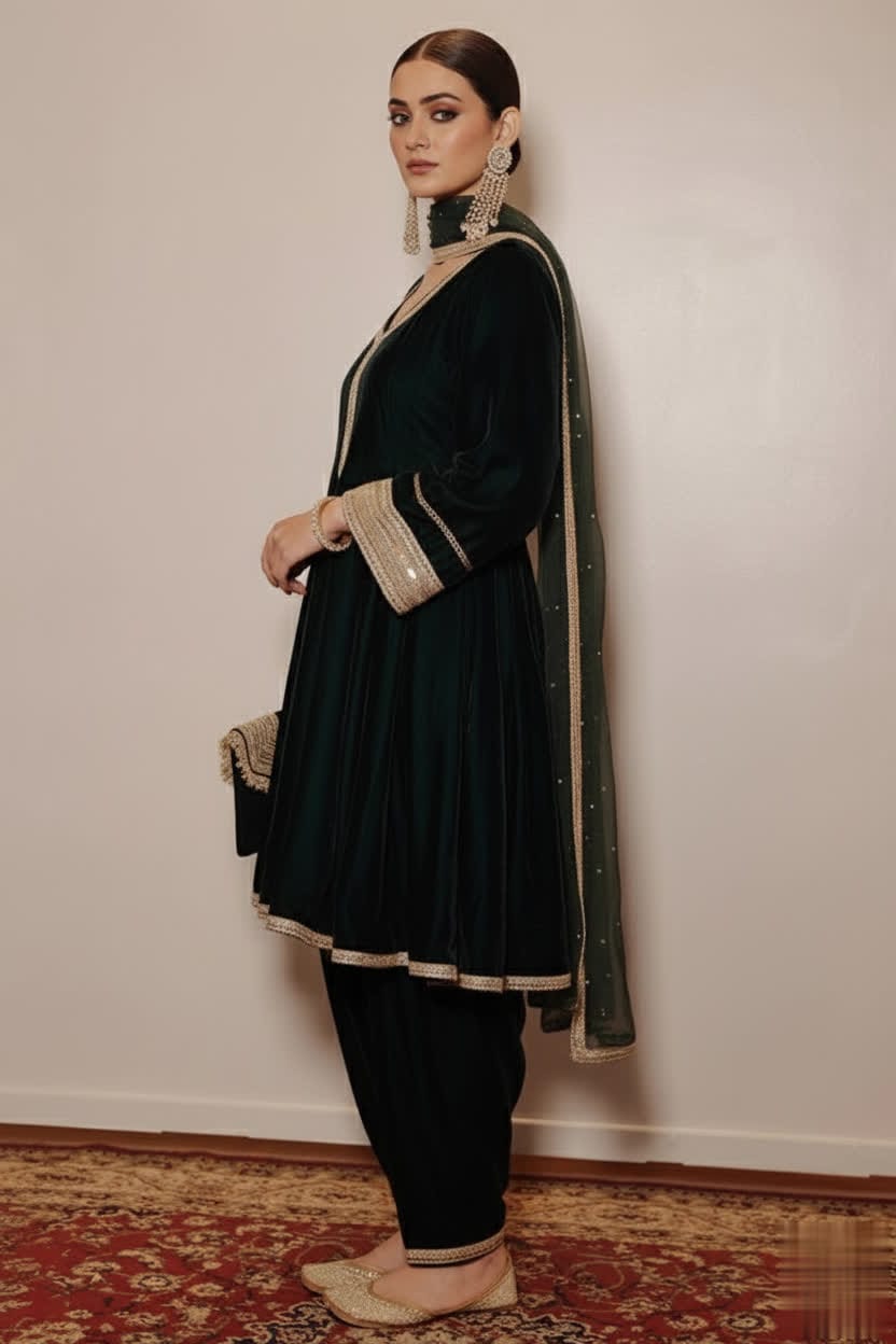 Rich Green Velvet Anarkali Set – Luxury Winter Formal Outfit With Kali Neckline & Embellished Lace Detailing