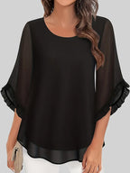 Elegant Black Ruffled Sleeve Blouse – Round Neck Short Sleeve Top, Stylish Ruffle Design, Smooth Texture & Timeless Elegance