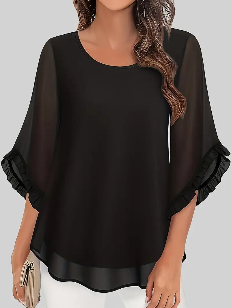 Elegant Black Ruffled Sleeve Blouse – Round Neck Short Sleeve Top, Stylish Ruffle Design, Smooth Texture & Timeless Elegance