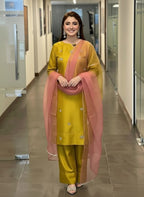 Lime Green Hand Embellished Satin Silk Suit