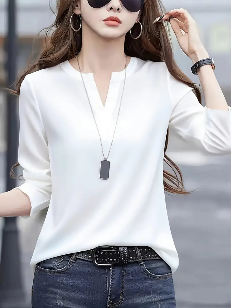 NISWA STYLE Elegant Women’s Blouse, Solid Color Long Sleeve V-Neck Shirt, Flowy Button-Up Formal Outfits