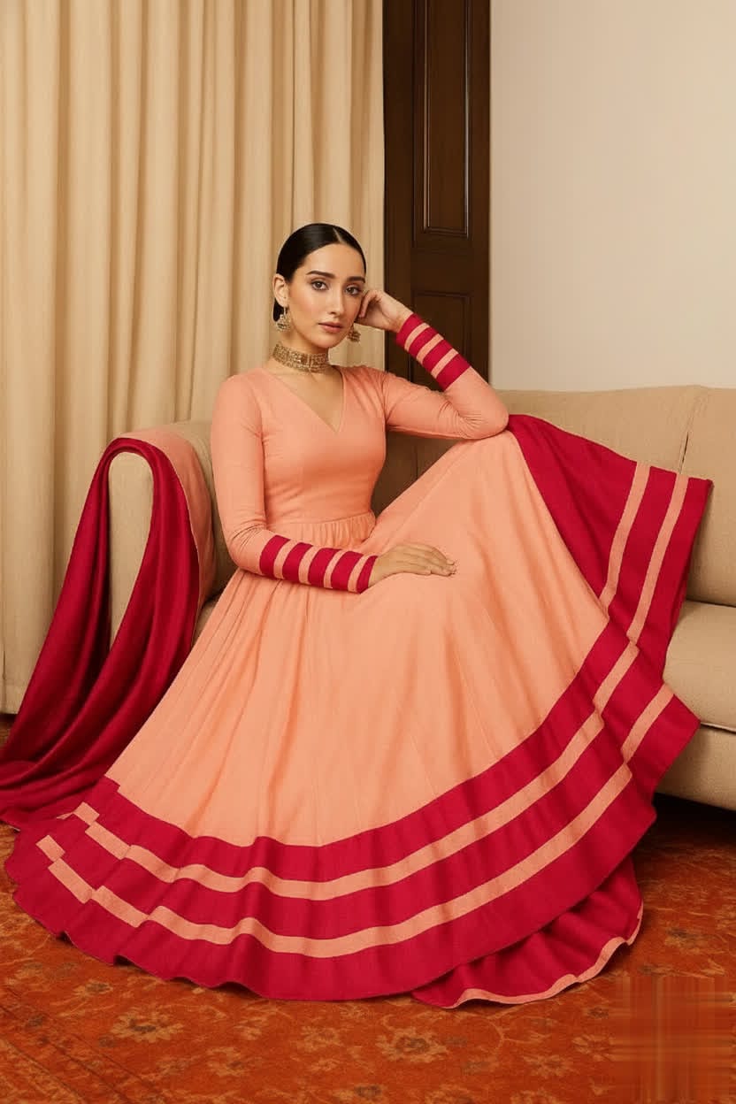 Peach & Red Anarkali Set For Women – Full Flare Long Gown With Contrast Border & Matching Dupatta - Elegant Traditional Outfit With Different Shades.