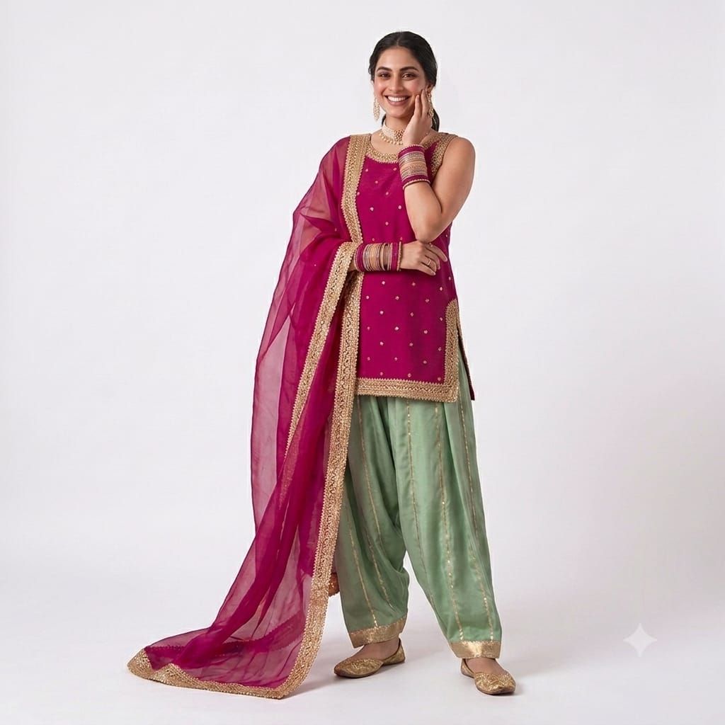 Magenta & Sage Green Luxury Festive Suit With Gold Detailing