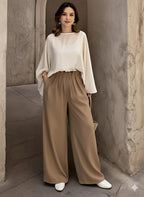 Chic Beige, Ruffled Hem, Button-Up Front - Casual Outfit - Ruffled Hem Top - Button-Up Blouse - Women’s Two-Piece Set