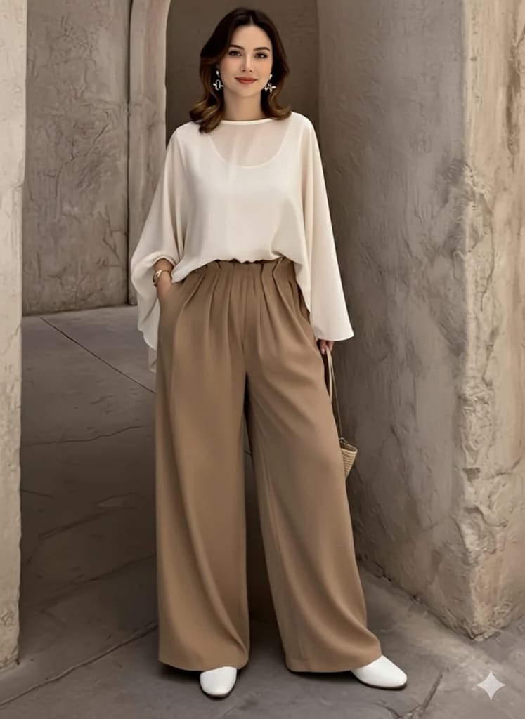 Chic Beige, Ruffled Hem, Button-Up Front - Casual Outfit - Ruffled Hem Top - Button-Up Blouse - Women’s Two-Piece Set