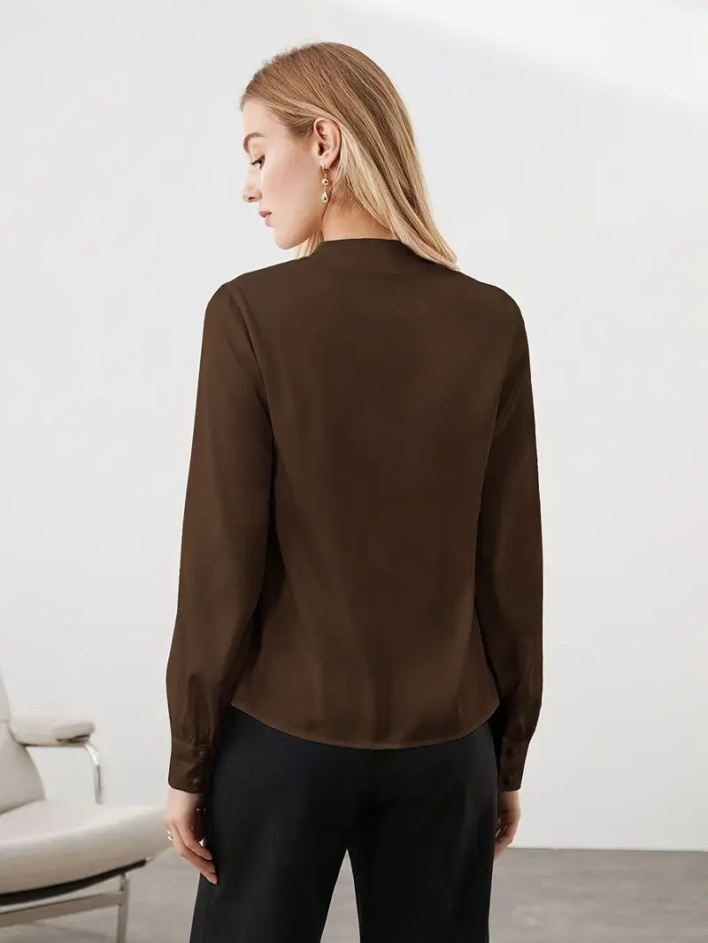 Elegant V-Neck Blouse, Satin Puff Sleeve Top With Buttons, Versatile Fashion