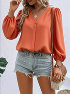 Elegant Long Sleeve V-Neck Blouse – Easy-Care Chic Top, Breathable Fabric, Stylish Shirt For Women