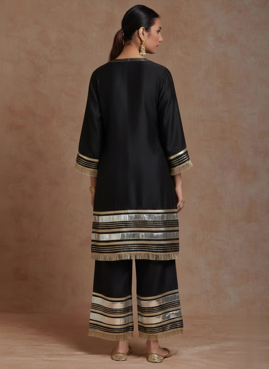 Elegant Red Chanderi Kurta – Traditional Straight-Cut Suit With Gold Gota Work, Lace Border, Flared Sleeves & Lined Finish