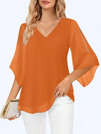 Elegant V-Neck Shirting Blouse, 3/4 Sleeve Top With Double Layer Mesh, Hollow Details, Casual & Formal Blouse