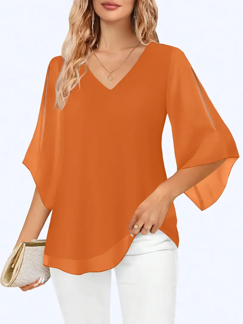 Elegant V-Neck Shirting Blouse, 3/4 Sleeve Top With Double Layer Mesh, Hollow Details, Casual & Formal Blouse