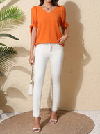 V-Neck Blouse, Bow Detail Top With Ruffle Sleeves And Split Hem, Feminine Lightweight Casual Wear