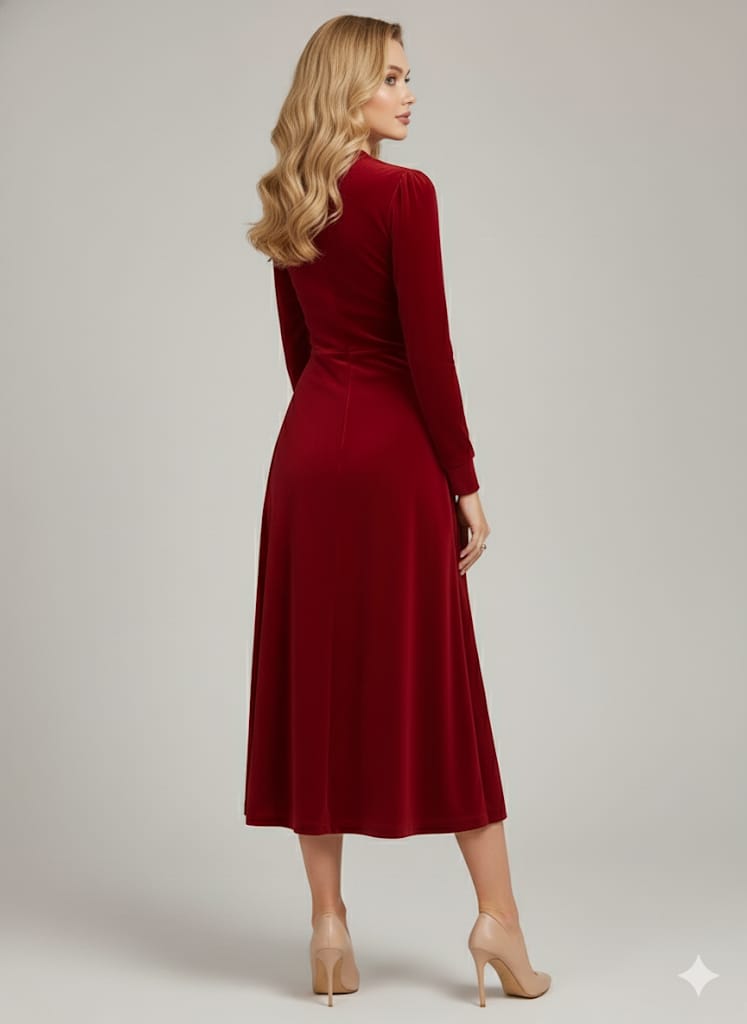 Women’s Formal Velvet Gown – Burgundy Long Sleeve A-Line Dress With Beaded Waist, Perfect for Gala, Prom & Luxury Events