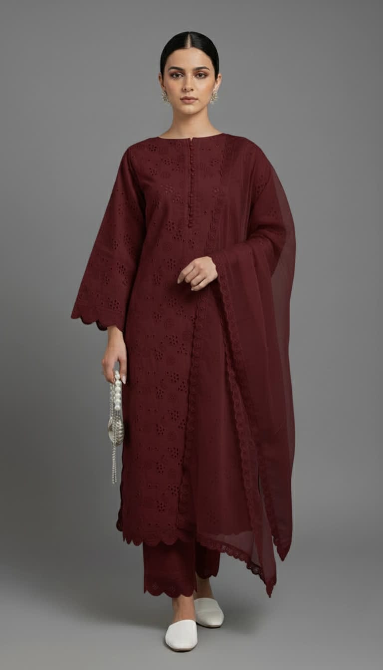 Premium Chikankari Salwar Kameez –  Long Shirt With Scallop Border, Cotton Trouser & Elegant Dupatta - New Light-Shade Collection For Women