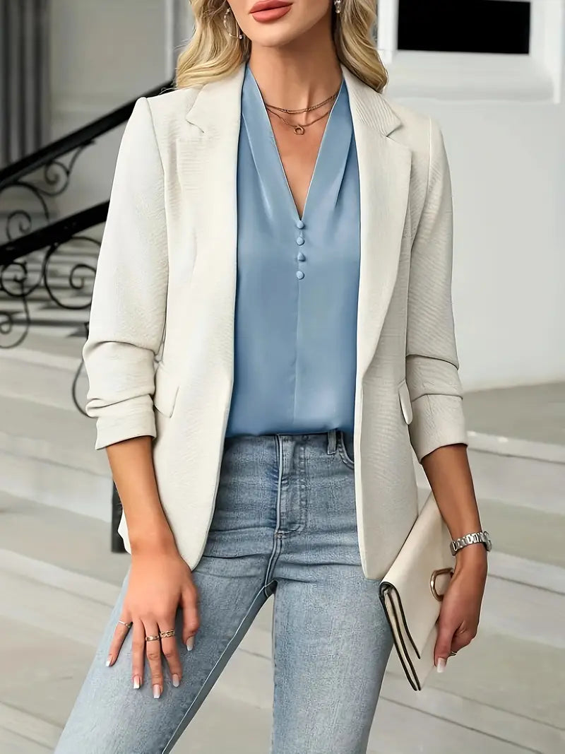 Women’s Light Blue Sleeveless Blouse, V-Neck Button-Up Shirt With Ruffled Hem