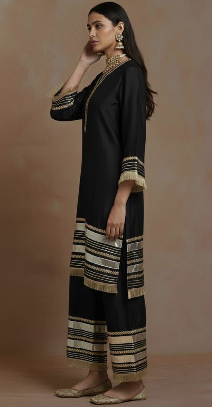 Elegant Red Chanderi Kurta – Traditional Straight-Cut Suit With Gold Gota Work, Lace Border, Flared Sleeves & Lined Finish