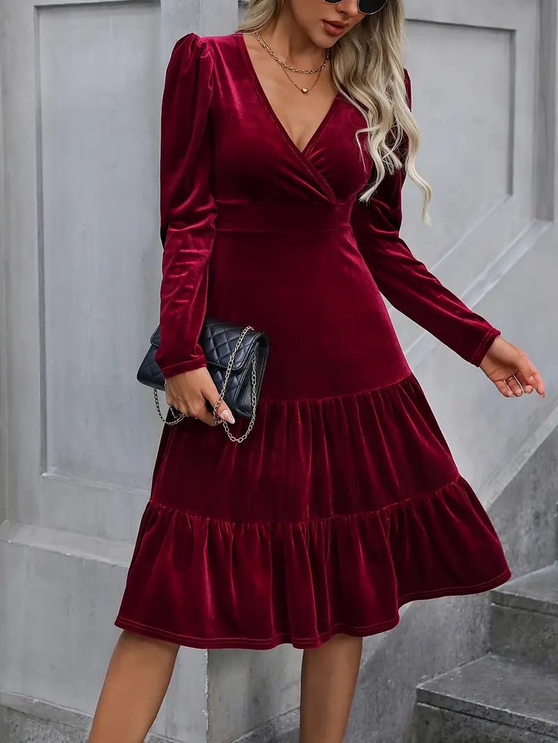 Elegant Crimson Formal & Party Dress – V-Neck A-Line Gown For Women With Ruffled Sleeves, Flared Hem & Sophisticated Texture