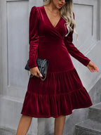 Elegant Crimson Formal & Party Dress – V-Neck A-Line Gown For Women With Ruffled Sleeves, Flared Hem & Sophisticated Texture