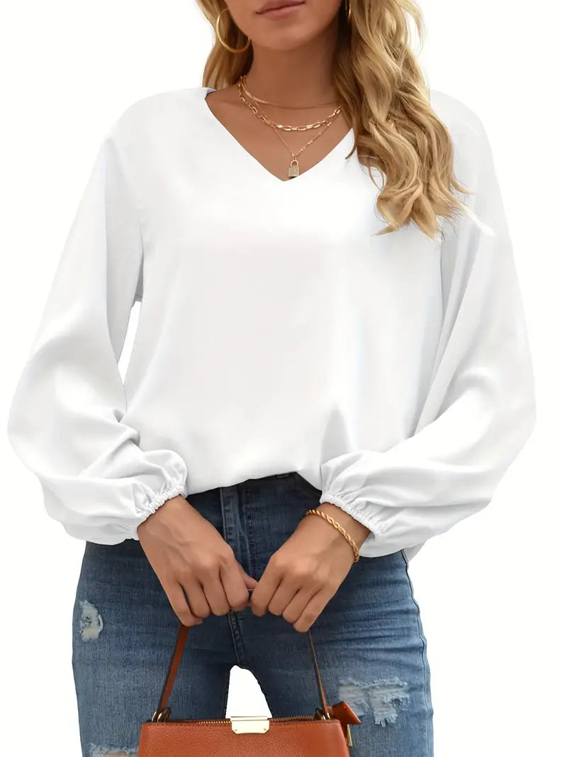 Casual V-Neck Long Sleeve Blouse, Lantern Sleeve Pullover Shirt, Lightweight Top For Seasonal Wear