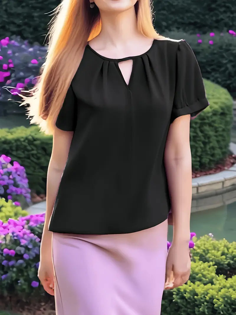NISWA STYLE Women’s V-Neck Blouse, Loose Fit Short Sleeve Top With Glossy Fabric, Vintage Style