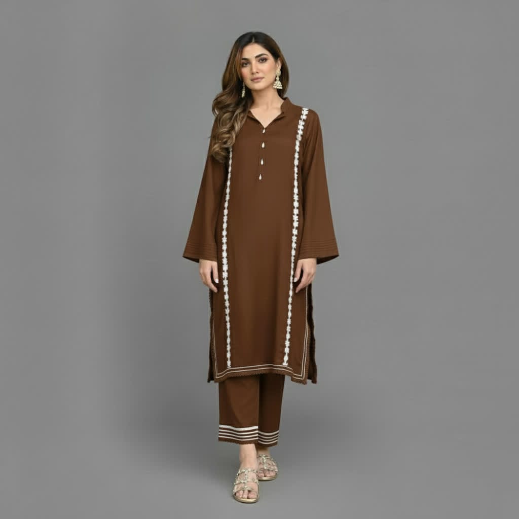 Modern Lace Kurta Co-ord Set, Stylish Long Kurta With Florals & Straight Pants With Stand Collar & Decorative Buttons.