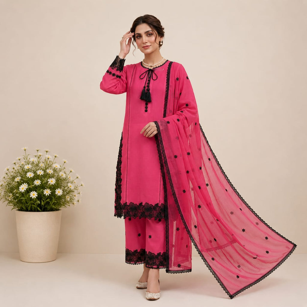 Timeless Monochrome White Straight Kurta With Black Floral Cutwork