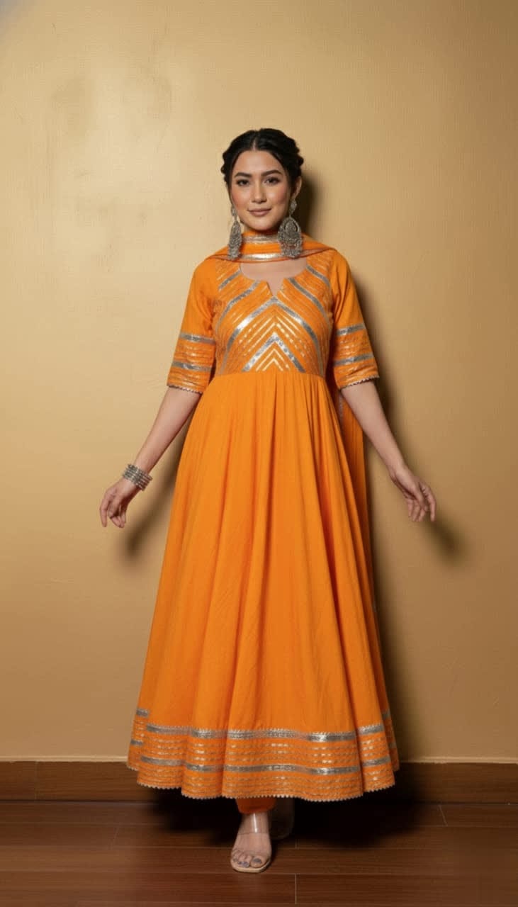 Premium Black Gota Patti Anarkali Pant Set For Women – Silk Long Anarkali With Different Shade Chiffon Dupatta & Embellished Pants.