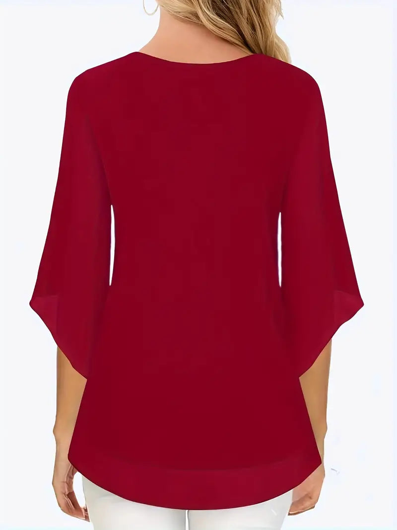 Elegant V-Neck Shirting Blouse, 3/4 Sleeve Top With Double Layer Mesh, Hollow Details, Casual & Formal Blouse