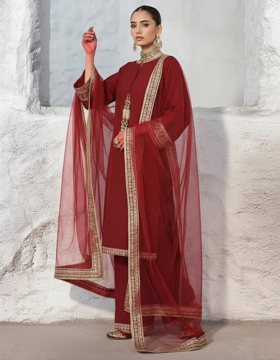 Maroon Shine Silk Kurta Trouser Set With Embroidered Lace & Net Dupatta - Luxury Ethnic Wear