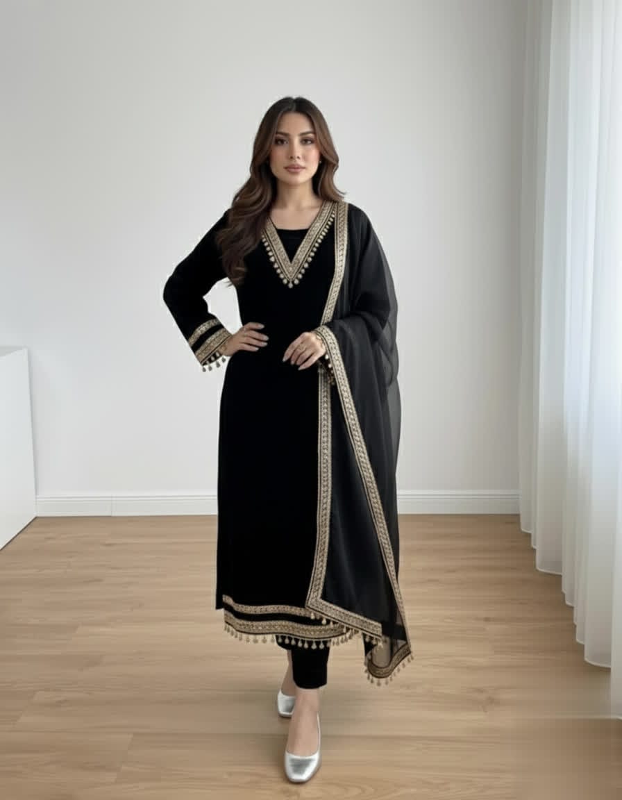 Elegant Women’s 3 Piece Velvet Dress With Lace Work & Chiffon Dupatta Lace Embellishment Sophisticated Ethnic Wear- Festive Edition