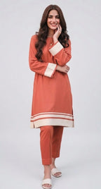 Orange Straight Cut Kurta Trouser Set – Color Block With Beige Stripe Hem