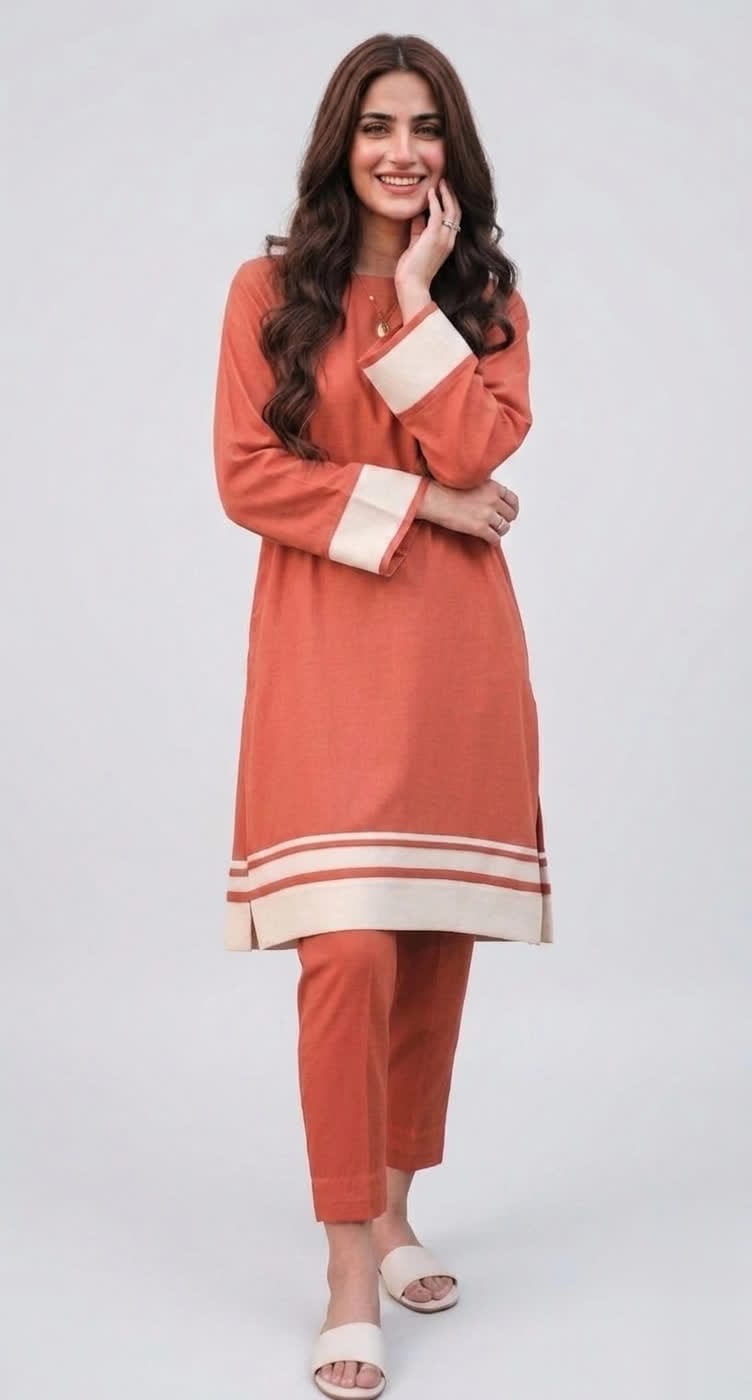 Orange Straight Cut Kurta Trouser Set – Color Block With Beige Stripe Hem