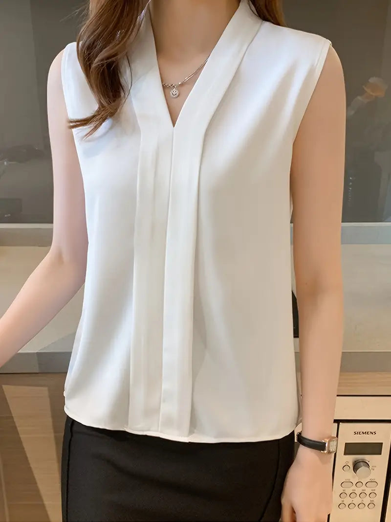 Elegant White V-Neck Chiffon Blouse For Women – Sleeveless, Lightweight Summer Top, Casual And Office Wear Shirt