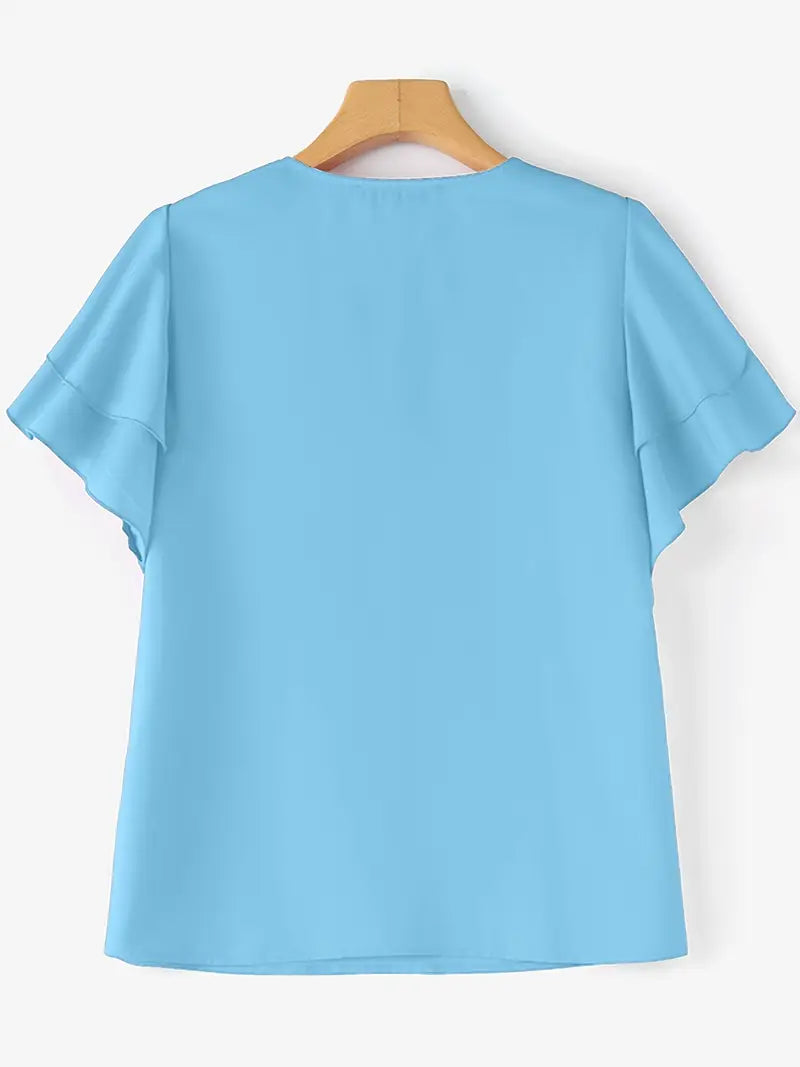 Elegant Lightweight Blouse – Double Layer Ruffle Sleeve Top, Round Neck Loose Fit Casual And Commute Wear