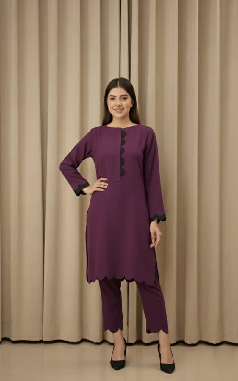 Elegant Cotton 2-Piece Suit – Crew-Neck Chori Piping Shirt With Cutwork Sleeves & Reet Design Trouser | Latest Stylish Women’s Outfit.