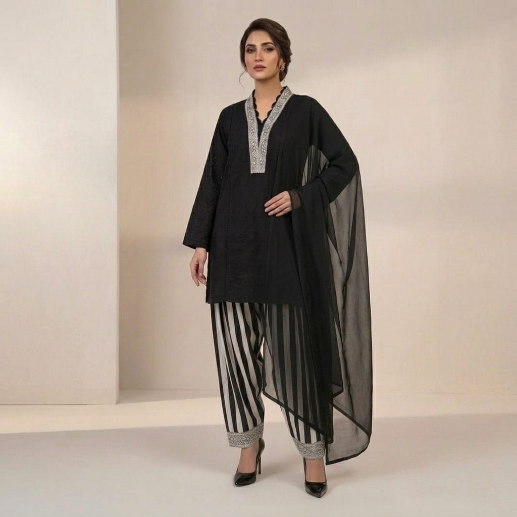 Elegant Black & White Striped Luxury Pret