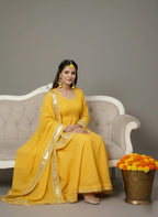 Yellow Flared Short Shirt Lehenga Dress, Stylish 3-Piece Ethnic Set With Embellished Dupatta With Decorative Silver Border