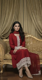 Premium Red Raw Silk Formal Wear Set - Handcrafted Pearl Lace Shirt - Elegant Drapes Organza Dupatta