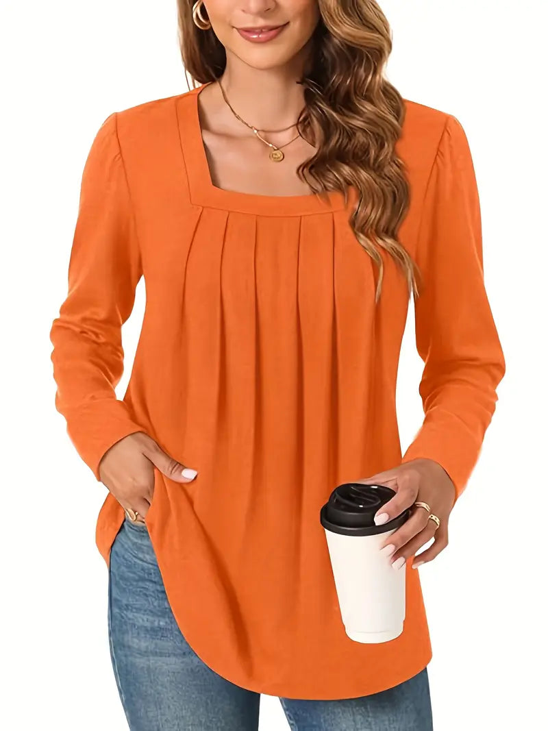 Elegant Long Sleeve Blouse For Women – Non-See-Through Button-Front Shirt, Square Neckline, Stylish Top