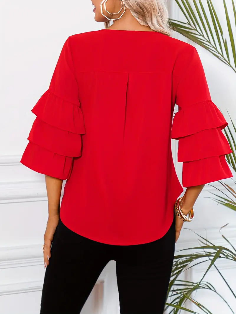 Women’s Fashion Three-Layer Sleeve Top – Elegant Round Neck Blouse, Lightweight, Flowy & Stylish Casual To Semi-Formal Wear Season