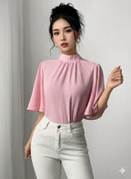 Women's Elegant French-Inspired Half-Turtleneck Blouse – Chic Chiffon Top With Puffed Sleeves, Non-See-Through Design, Tailored Fit