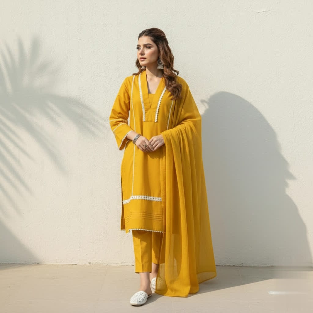 Classic Solid Cotton Ethnic 3-Piece Suit With Lace Embellishment