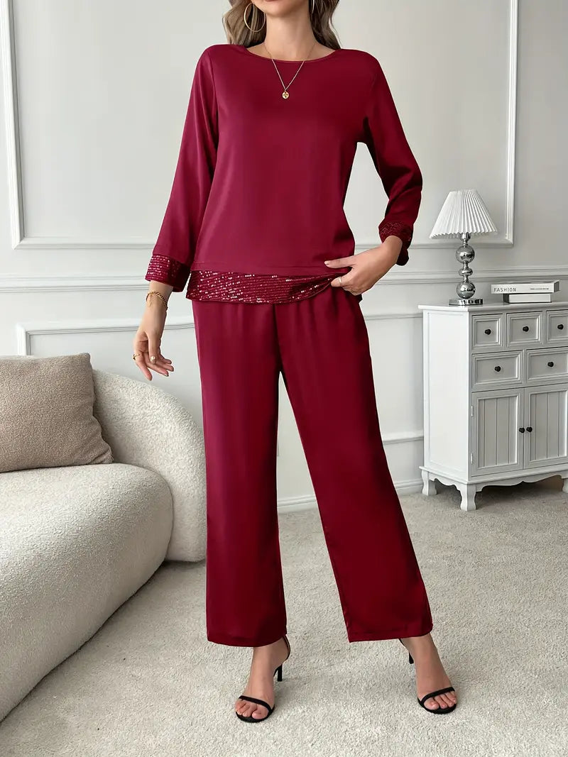 Elegant Two-Piece Set – Long Sleeve Lace Stitching Top & Matching Pants |Stylish, Comfortable and Classy Fashion Set