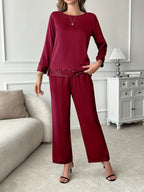 Elegant Two-Piece Set – Long Sleeve Lace Stitching Top & Matching Pants |Stylish, Comfortable and Classy Fashion Set