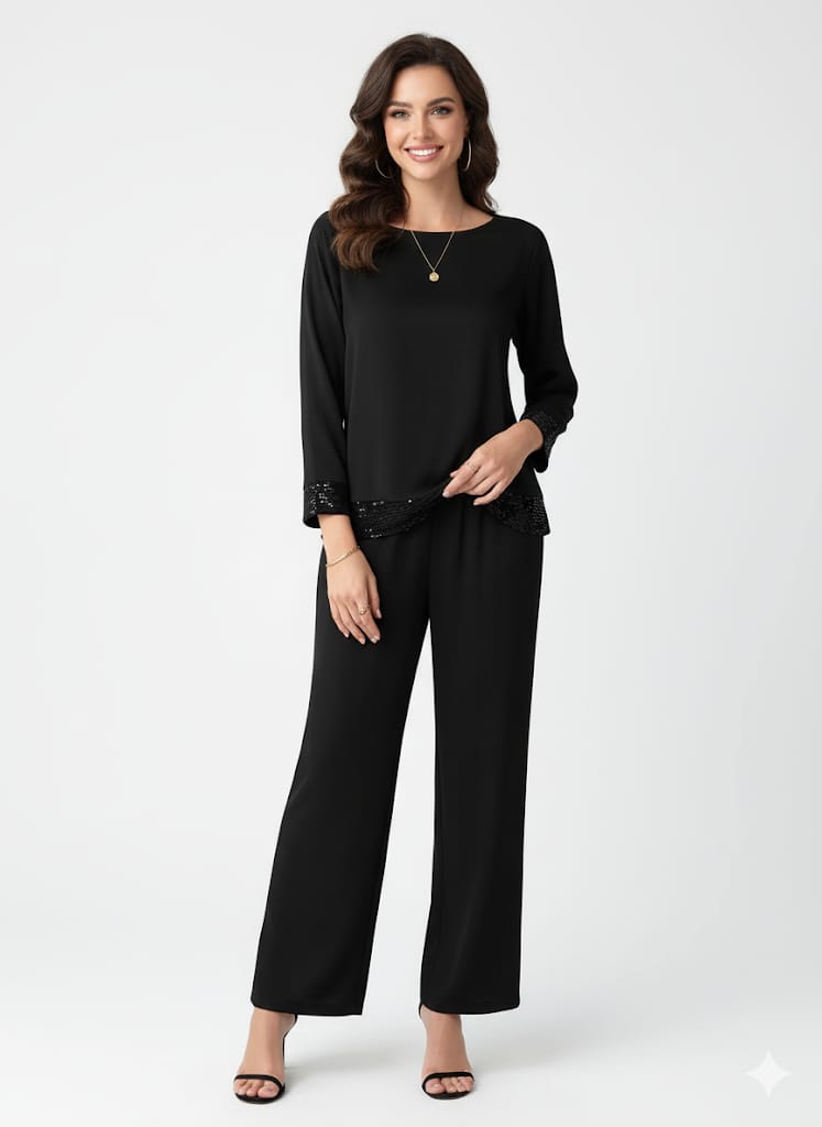 Elegant Two-Piece Set – Long Sleeve Lace Stitching Top & Matching Pants |Stylish, Comfortable and Classy Fashion Set