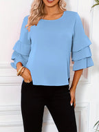 Women’s Fashion Three-Layer Sleeve Top – Elegant Round Neck Blouse, Lightweight, Flowy & Stylish Casual To Semi-Formal Wear Season