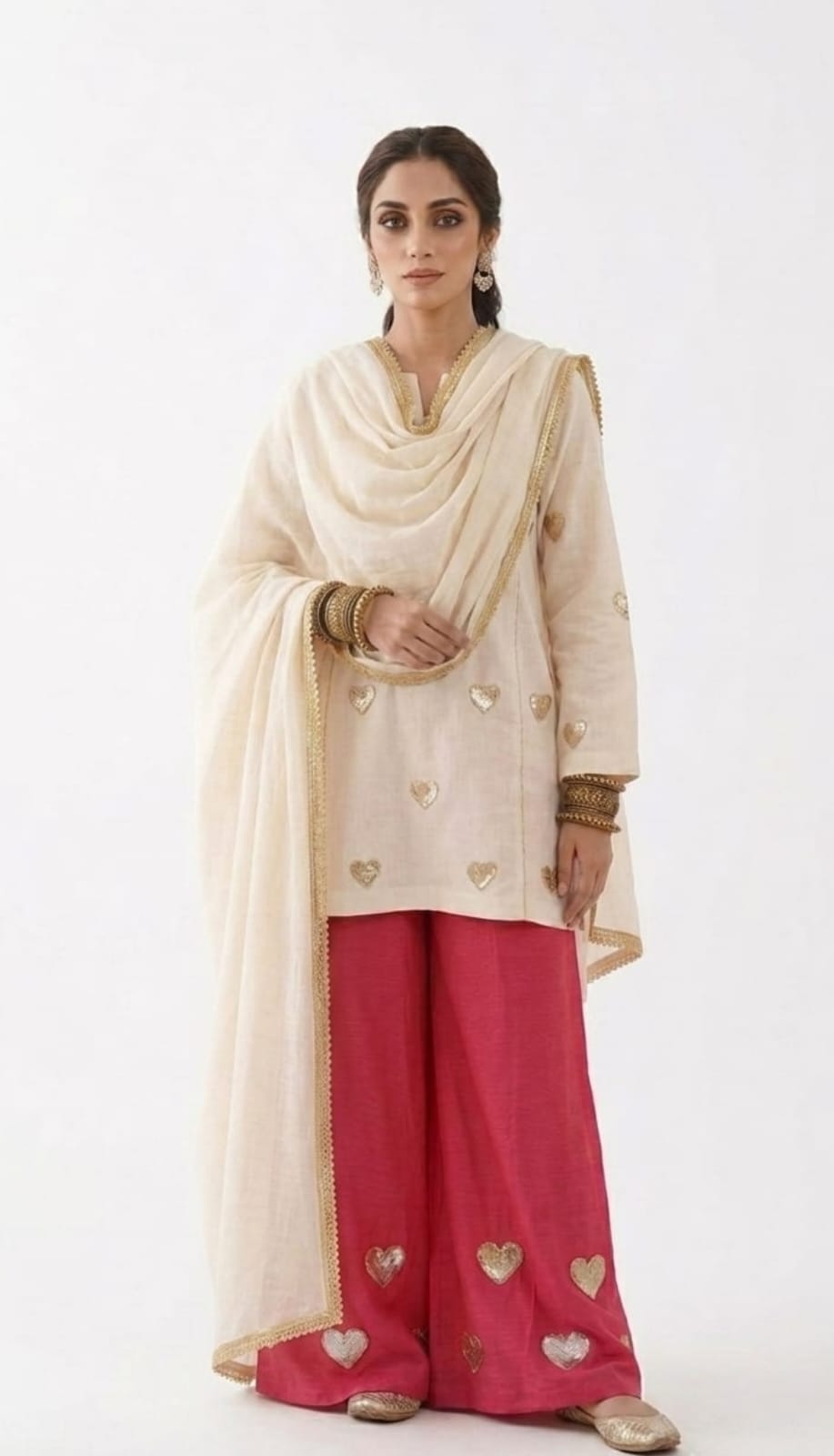 Elegant Ivory & Pink Cambric Lawn Suit