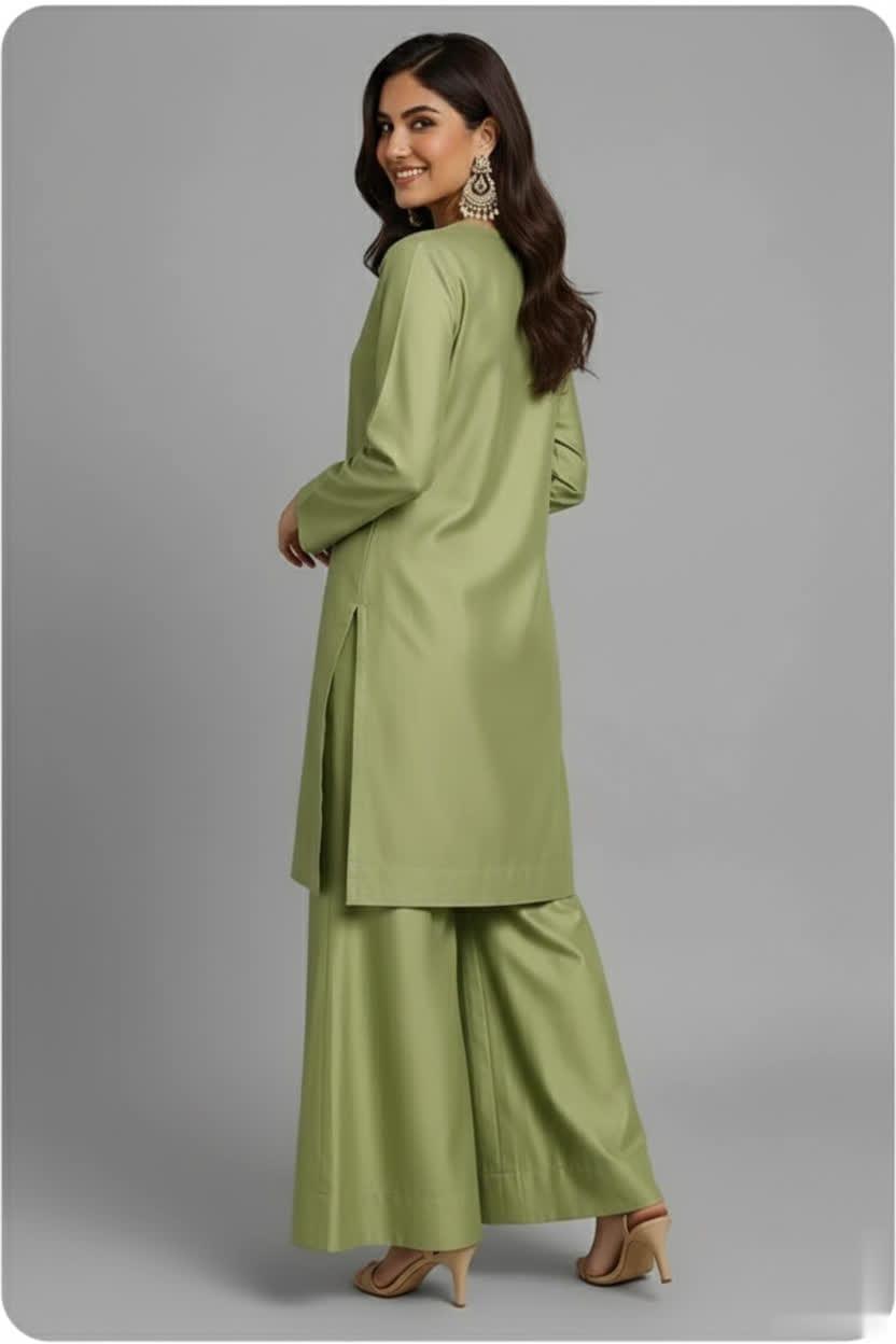 Premium Silk Bell- Bottom Suit – Olive Green Kameez With Wide-Flare Trouser - Elegant Women’s 2-Piece Outfit