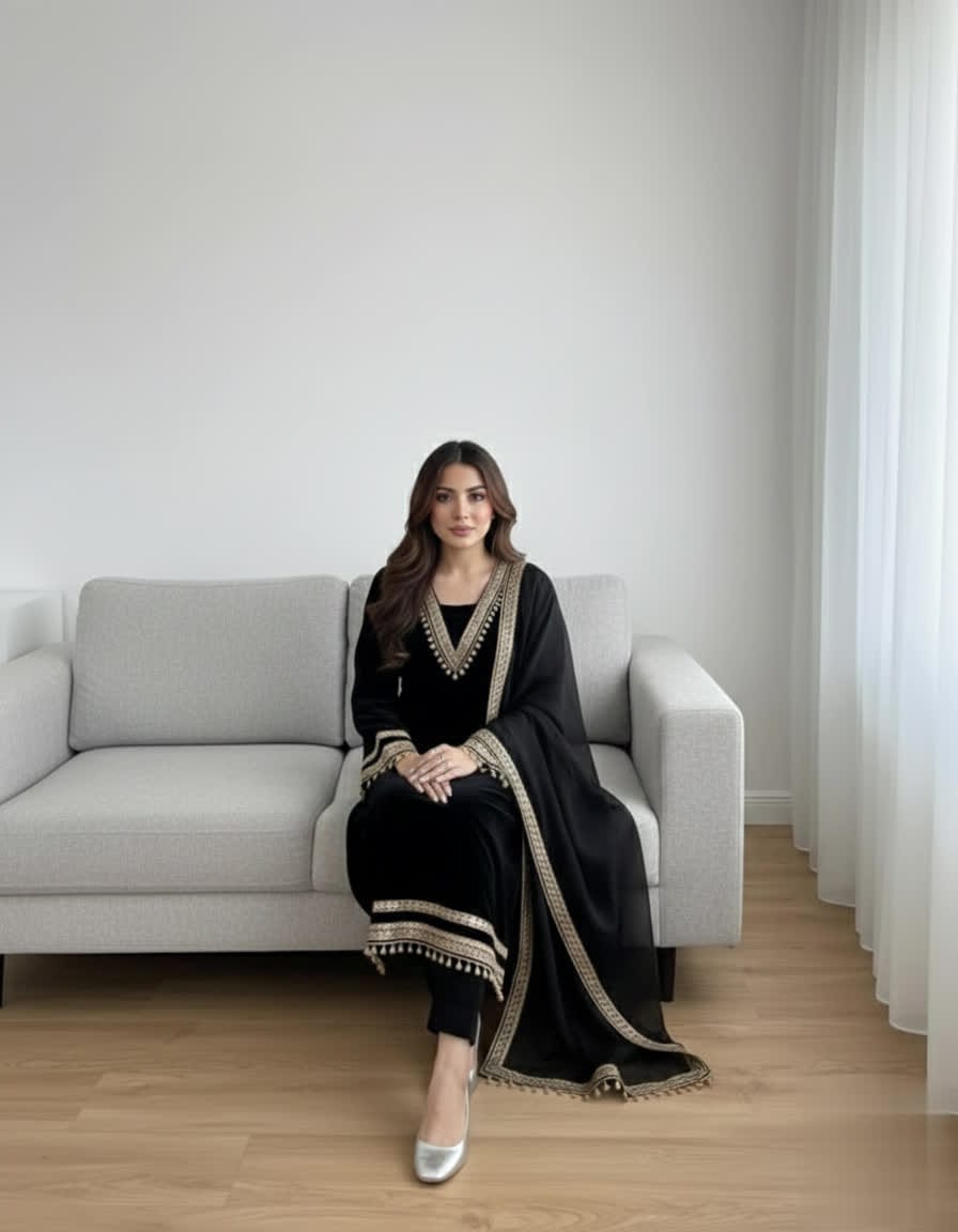 Elegant Women’s 3 Piece Velvet Dress With Lace Work & Chiffon Dupatta Lace Embellishment Sophisticated Ethnic Wear- Festive Edition