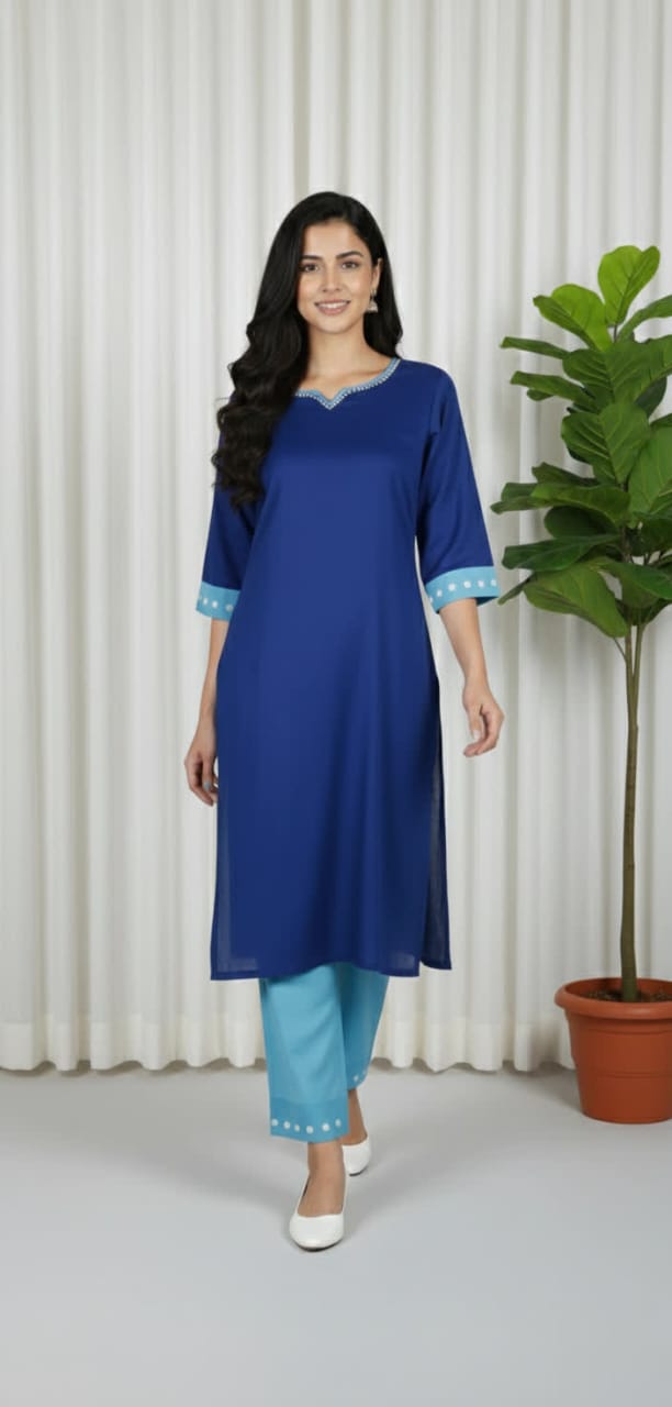 Women’s Royal Blue Kurta Pant Set – 3/4 Sleeve Shirt With White Circle Design & Sky Blue Trouser.