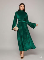 Elegant Full-Length Velvet Maxi Dress For Women, Long Sleeve Gown With Belt, Zipper Back And Tie Detail  Formal Evening Dress